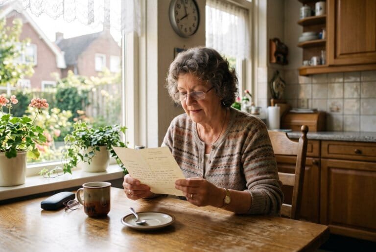 Oudere vrouw leest aan haar keukentafel de uitnodigingsbrief voor de griepprik