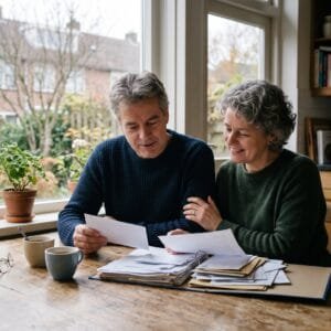 Een man en een vrouw van rond de zestig nemen aan de keukentafel samen een stapel papieren door