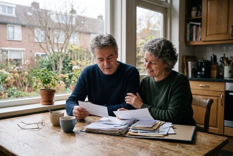 Een man en een vrouw van rond de zestig nemen aan de keukentafel samen een stapel papieren door