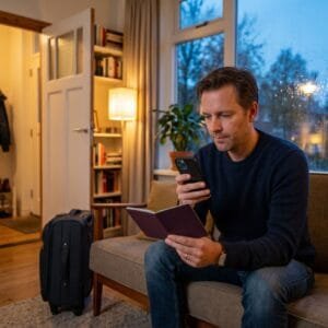 Man scant op de bank zijn paspoort met zijn telefoon terwijl een koffer bij de deur staat