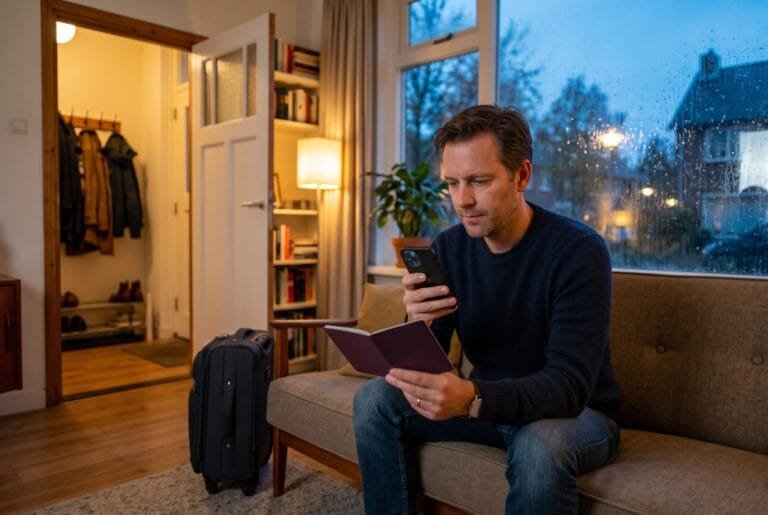 Man scant op de bank zijn paspoort met zijn telefoon terwijl een koffer bij de deur staat