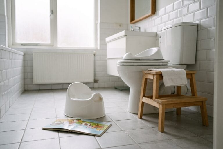 Plastic potje en prentenboek op de badkamervloer naast een wc met verkleiner op de bril en een opstapje
