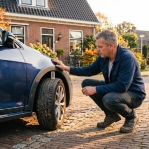 Man meet met een profieldieptemeter de groef van een autoband naast zijn auto op de oprit