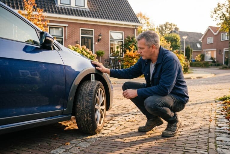 Man meet met een profieldieptemeter de groef van een autoband naast zijn auto op de oprit
