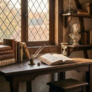 Studeerkamer met een eikenhouten bureau, oude boeken, een ganzenveer en een marmeren buste bij een glas-in-loodraam