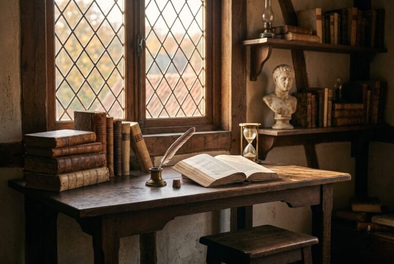 Studeerkamer met een eikenhouten bureau, oude boeken, een ganzenveer en een marmeren buste bij een glas-in-loodraam