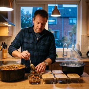 Man schept een restje stoofpot uit een pan in kleine glazen bakjes op het aanrecht van een keuken