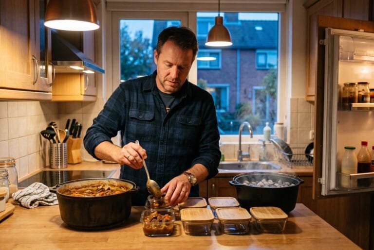 Man schept een restje stoofpot uit een pan in kleine glazen bakjes op het aanrecht van een keuken