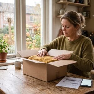 Vrouw plakt aan de keukentafel een kartonnen doos met een trui erin dicht om terug te sturen
