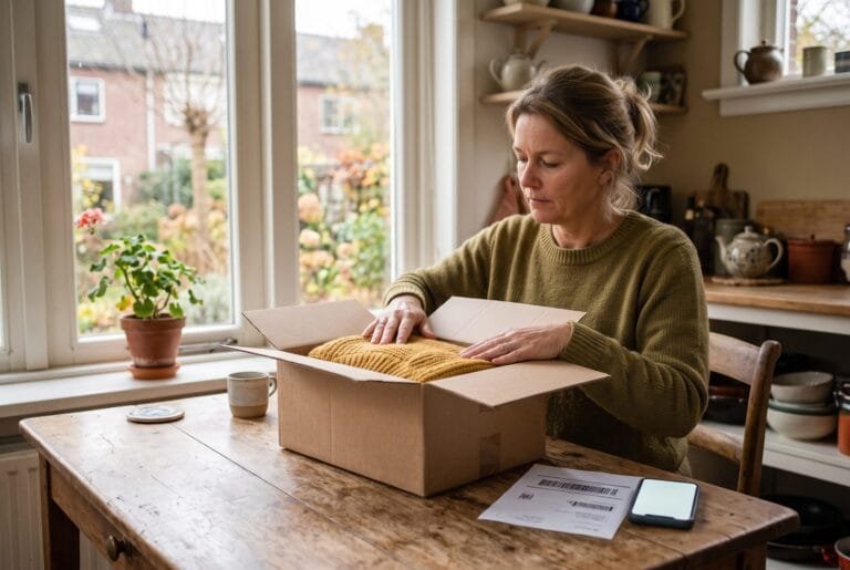 Vrouw plakt aan de keukentafel een kartonnen doos met een trui erin dicht om terug te sturen
