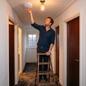 Man hangt op een trapje een witte rookmelder aan het plafond van de overloop