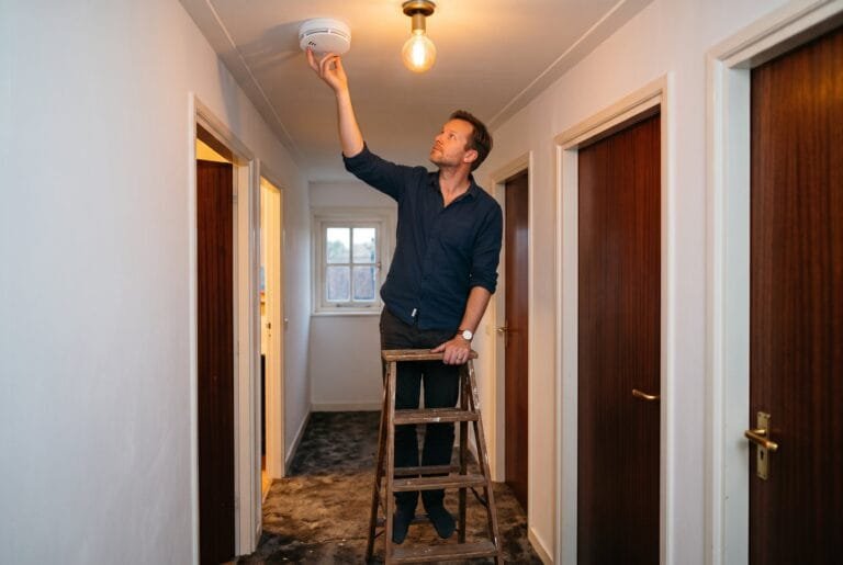 Man hangt op een trapje een witte rookmelder aan het plafond van de overloop