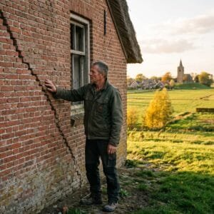 Man bekijkt een lange scheur in de bakstenen muur van een oude boerderij op het Groningse platteland