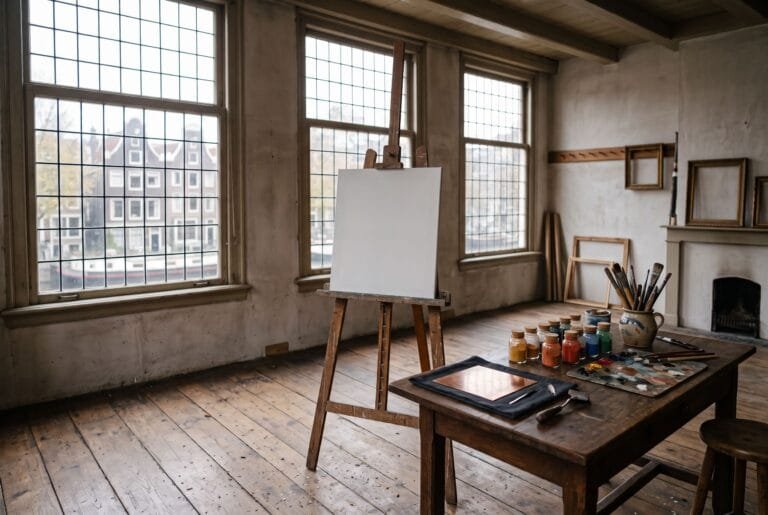 Leeg schildersatelier in een grachtenhuis met een ezel, een koperen etsplaat en potten pigment bij hoge ramen
