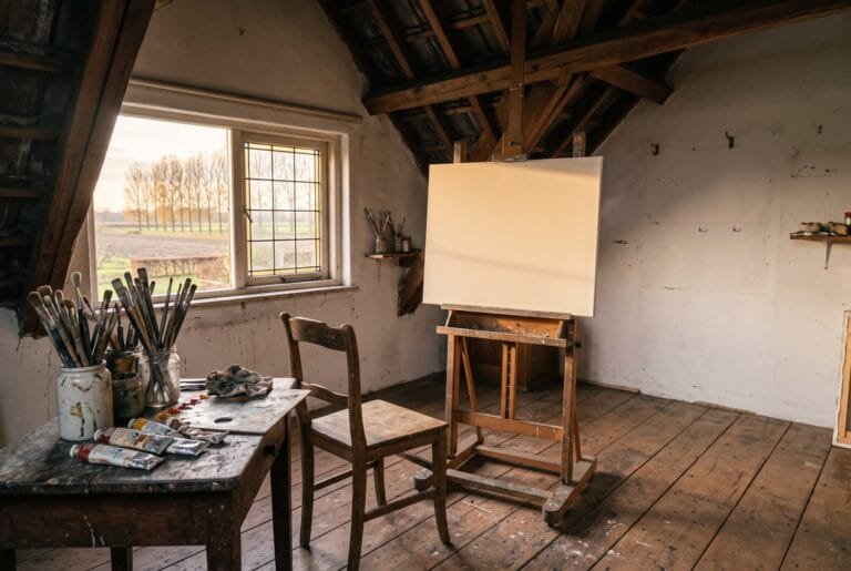 Houten schildersezel met een leeg doek in een zolderatelier met laag herfstlicht door het raam