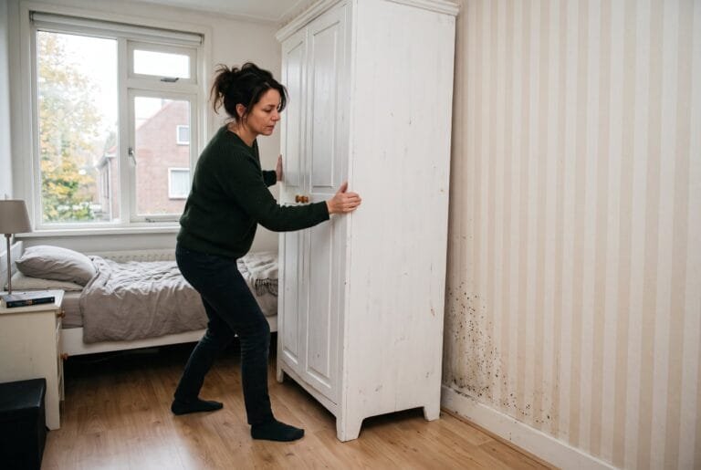Vrouw schuift een kledingkast van de buitenmuur en ziet zwarte schimmelplekjes op het behang in de slaapkamer