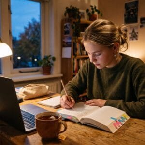 Scholier maakt op een herfstavond aan een bureau aantekeningen in een opengeslagen roman naast een laptop