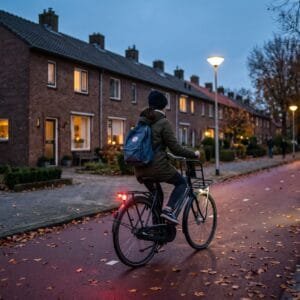 Scholier fietst in de schemering met brandend achterlicht over een fietspad langs rijtjeshuizen