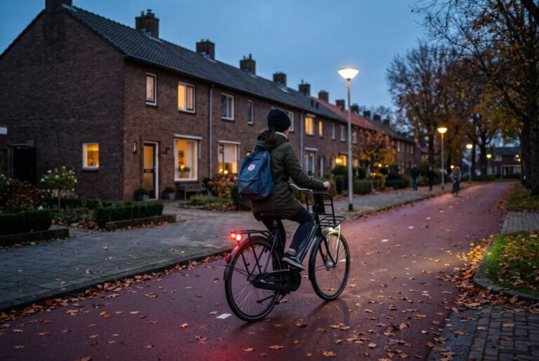 Scholier fietst in de schemering met brandend achterlicht over een fietspad langs rijtjeshuizen