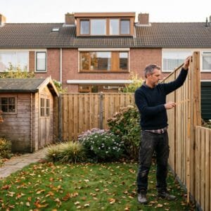 Man meet met een duimstok de hoogte van een houten schutting in de achtertuin van een rijtjeshuis met dakkapel