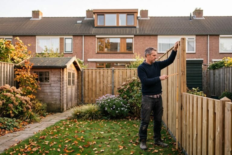 Man meet met een duimstok de hoogte van een houten schutting in de achtertuin van een rijtjeshuis met dakkapel
