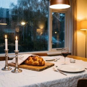 Gedekte sjabbattafel met twee brandende kaarsen en een gevlochten challa op een vrijdagavond in een Nederlandse woonkamer