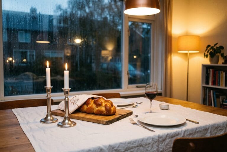 Gedekte sjabbattafel met twee brandende kaarsen en een gevlochten challa op een vrijdagavond in een Nederlandse woonkamer