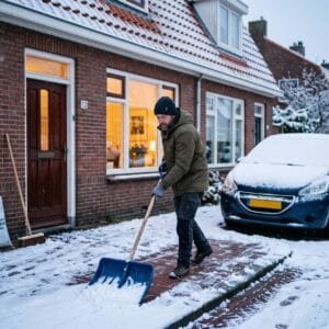 Man schept in de ochtend sneeuw van de stoep voor een rijtjeshuis met een besneeuwde auto langs de kant