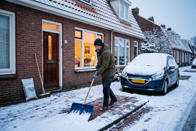 Man schept in de ochtend sneeuw van de stoep voor een rijtjeshuis met een besneeuwde auto langs de kant