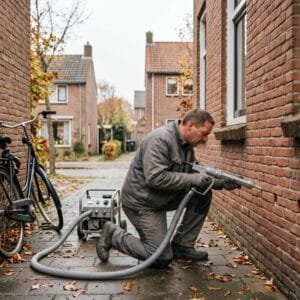 Een vakman spuit isolatiemateriaal door kleine gaatjes in de voegen van de buitenmuur van een hoekwoning
