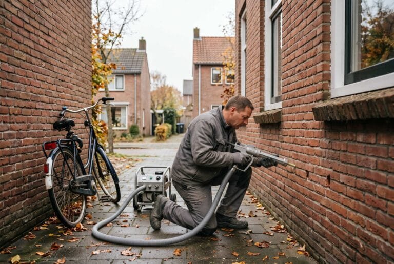 Een vakman spuit isolatiemateriaal door kleine gaatjes in de voegen van de buitenmuur van een hoekwoning