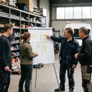 Vier medewerkers van een installatiebedrijf plakken memoblaadjes op een whiteboard in hun werkplaats