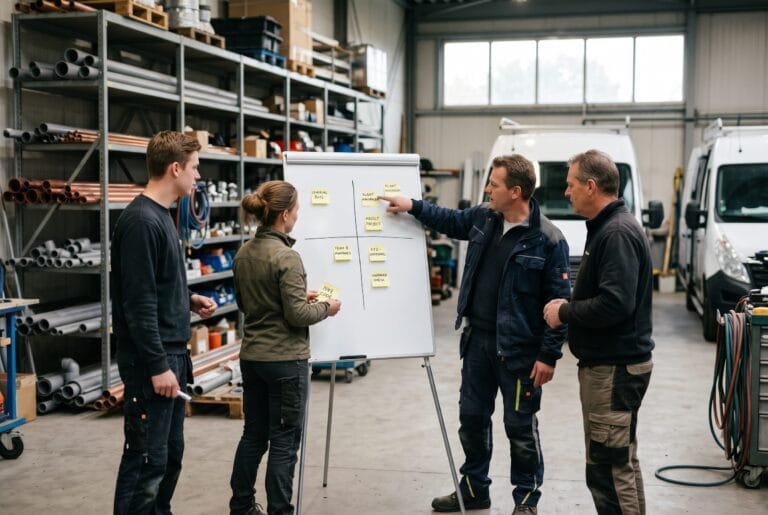 Vier medewerkers van een installatiebedrijf plakken memoblaadjes op een whiteboard in hun werkplaats