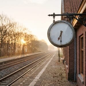 Oude stationsklok zonder cijfers boven een leeg perron terwijl de zon laag boven de rails opkomt