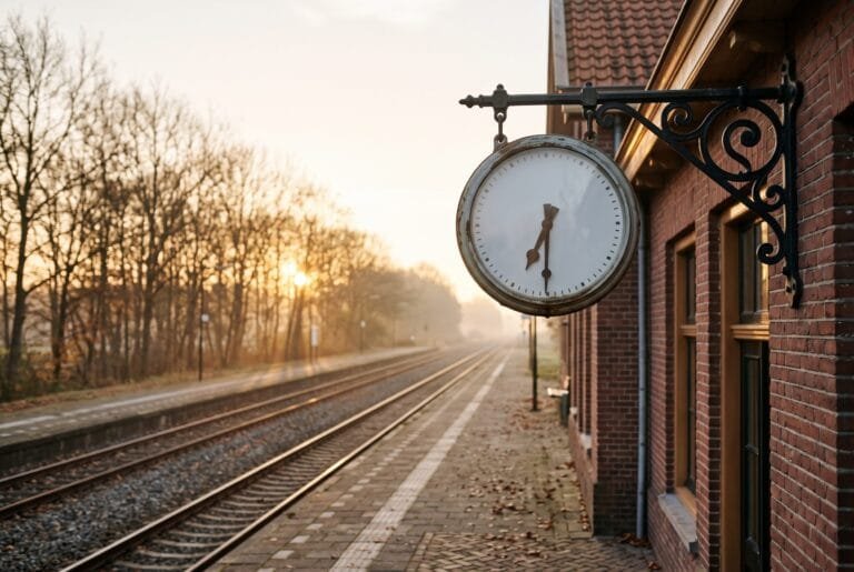 Oude stationsklok zonder cijfers boven een leeg perron terwijl de zon laag boven de rails opkomt