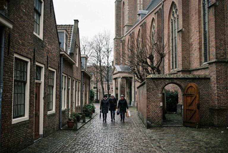 Smalle steeg met lage bakstenen huisjes naast de Pieterskerk in Leiden op een grijze novemberochtend