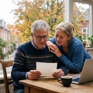 Man van begin zestig leest aan de keukentafel een brief terwijl zijn partner over zijn schouder meekijkt