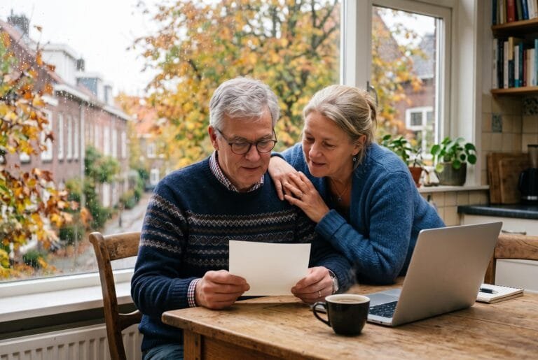 Man van begin zestig leest aan de keukentafel een brief terwijl zijn partner over zijn schouder meekijkt
