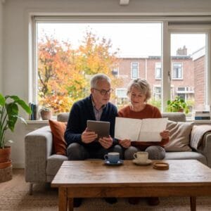 Stel van rond de zestig leest samen op de bank een brief, met een tablet en herfstbomen achter het raam