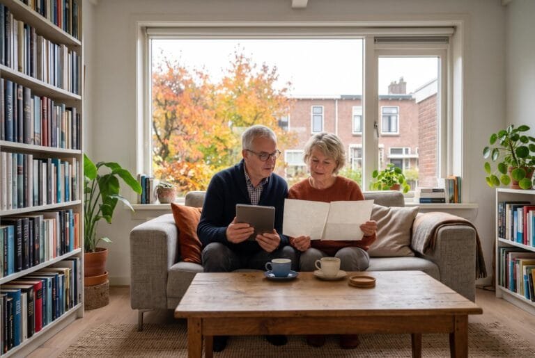 Stel van rond de zestig leest samen op de bank een brief, met een tablet en herfstbomen achter het raam