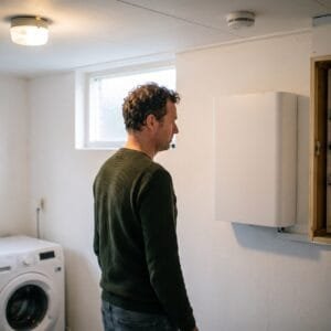 Man kijkt in de bijkeuken naar een thuisbatterij aan de muur naast de meterkast