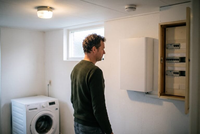 Man kijkt in de bijkeuken naar een thuisbatterij aan de muur naast de meterkast