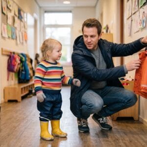 Vader hangt op een grijze ochtend de regenjas van zijn peuter aan een kapstok in de gang van een kinderdagverblijf