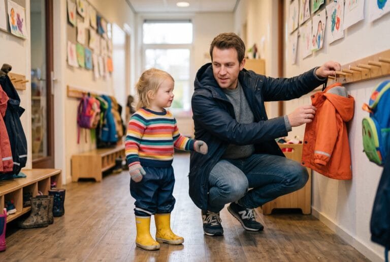 Vader hangt op een grijze ochtend de regenjas van zijn peuter aan een kapstok in de gang van een kinderdagverblijf