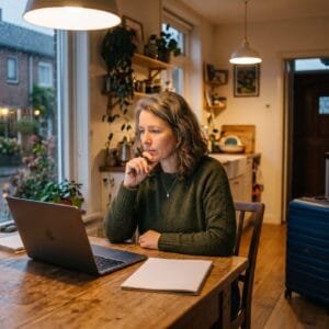 Vrouw denkt aan de keukentafel na achter haar laptop terwijl bij de voordeur een koffer klaarstaat
