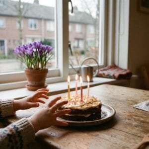 Kinderhanden bij een verjaardagstaart met vier brandende kaarsjes op een keukentafel op een grijze middag eind februari