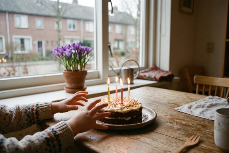 Kinderhanden bij een verjaardagstaart met vier brandende kaarsjes op een keukentafel op een grijze middag eind februari