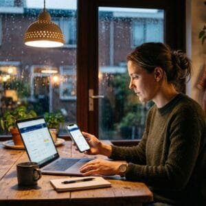 Vrouw vergelijkt 's avonds aan de keukentafel een vluchtprijs op haar laptop en op haar telefoon