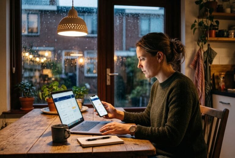 Vrouw vergelijkt 's avonds aan de keukentafel een vluchtprijs op haar laptop en op haar telefoon
