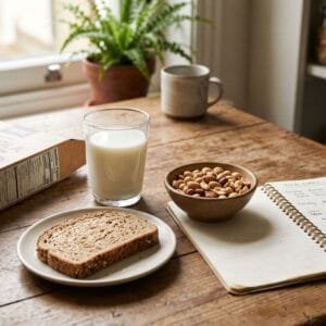 Etiket met ingrediëntenlijst naast een glas melk, brood, pinda's en een opengeslagen voedingsdagboek.